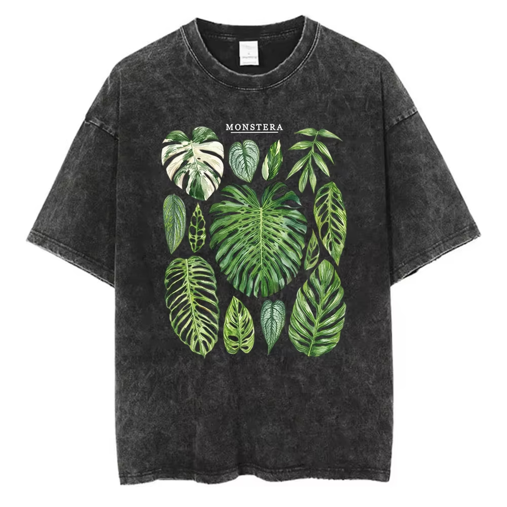 Acid Wash Vintage Graphic T Shirt - T-shirt Grafica Foglie di Monstera in