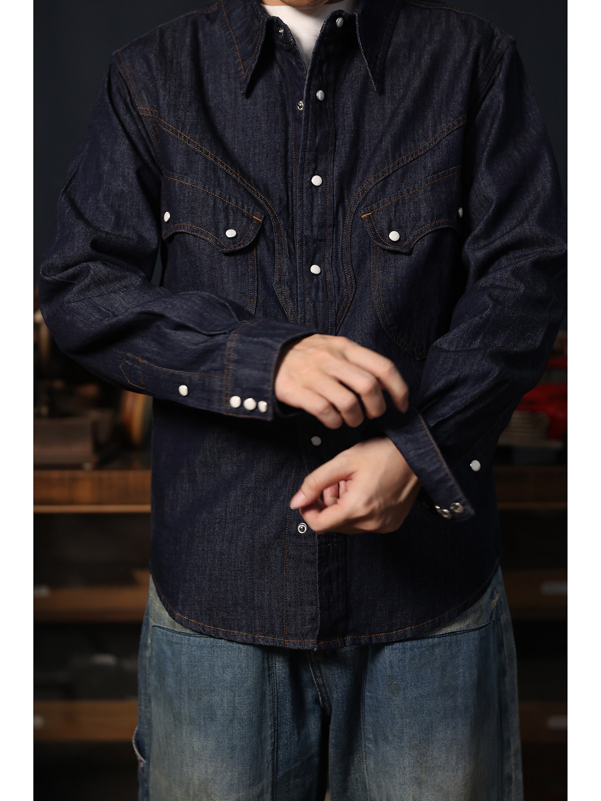 Mens Western Denim Pearl Snap Shirt - Camicia Western in Denim con Bottoni