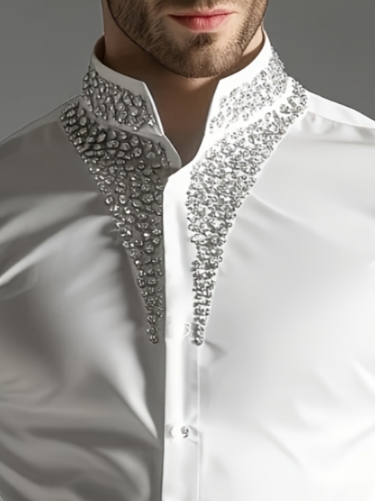 Mandarin Collar Formal Shirt Slim Fit - Camicia di Lusso con Strass per