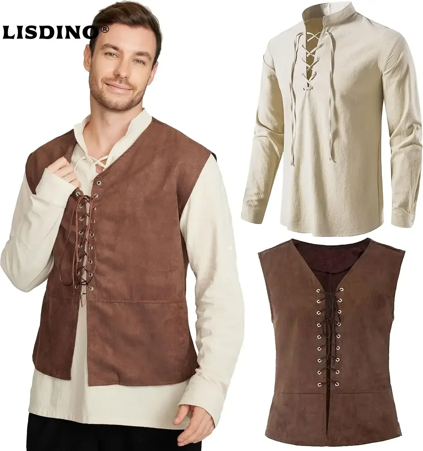Medieval Gothic Lace Up Pirate Shirt - Set da 2 pezzi: Gilet da