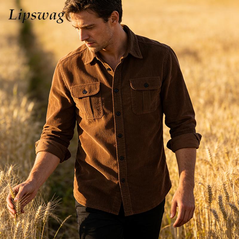 Corduroy Button Up Shirt Men - Camicia vintage in velluto a coste