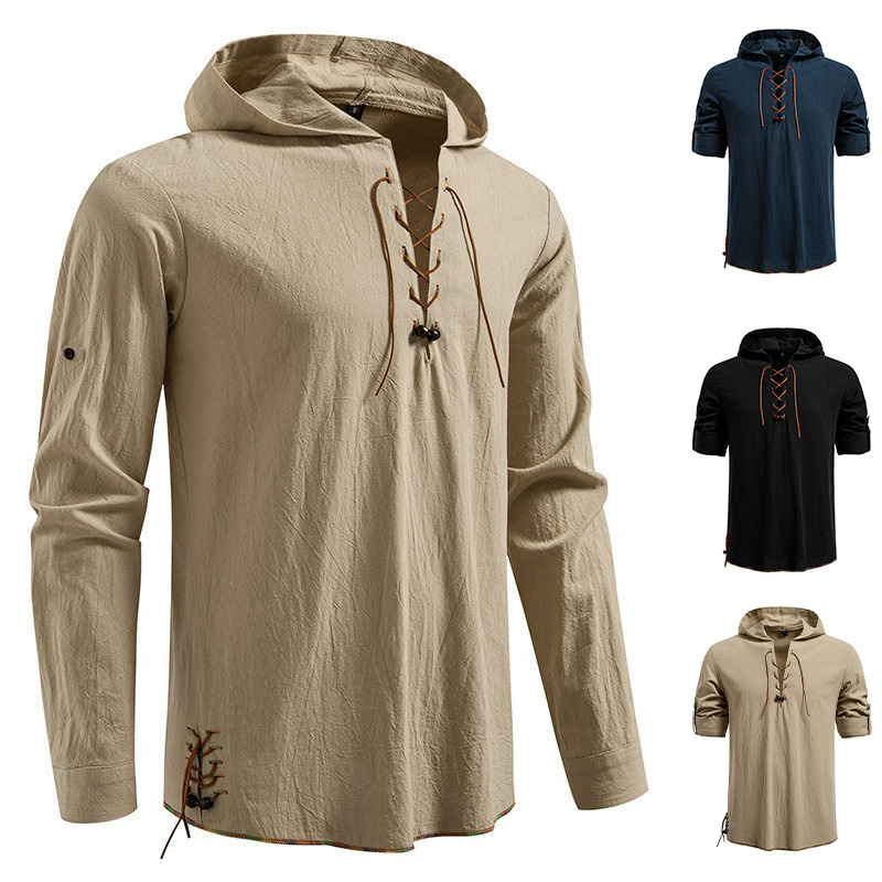 Medieval Gothic Lace Up Pirate Shirt - Maglietta a Maniche Lunghe con Cappuccio