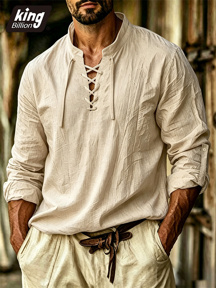 Medieval Gothic Lace Up Pirate Shirt - T-shirt da uomo con scollo a