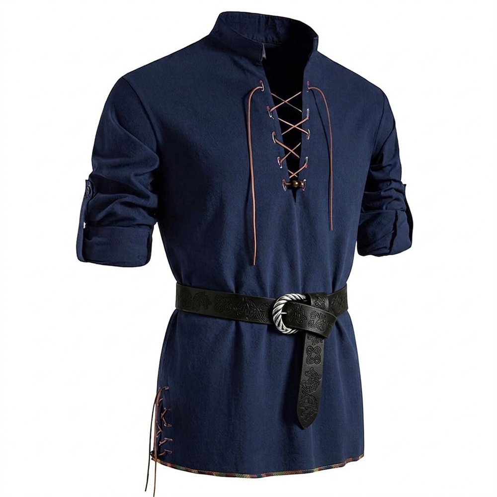 Medieval Gothic Lace Up Pirate Shirt - Camicia Vintage da Uomo in Cotone