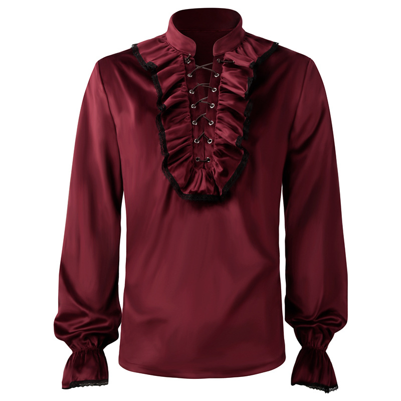Red Lace Up Ruffles Lantern Sl - Medieval Gothic Lace Up Pirate Shirt recensione e prezzo