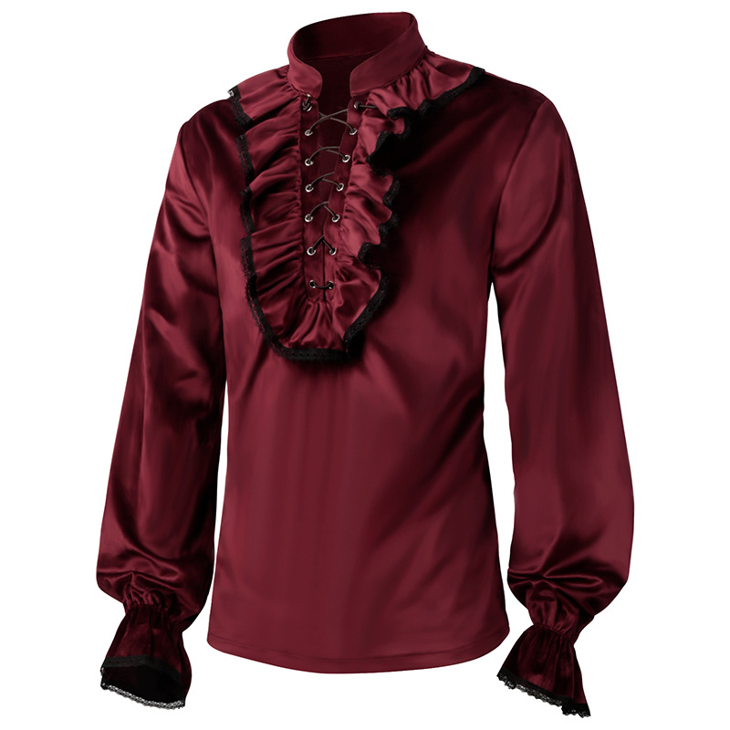 Red Lace Up Ruffles Lantern Sl - Medieval Gothic Lace Up Pirate Shirt recensione e prezzo
